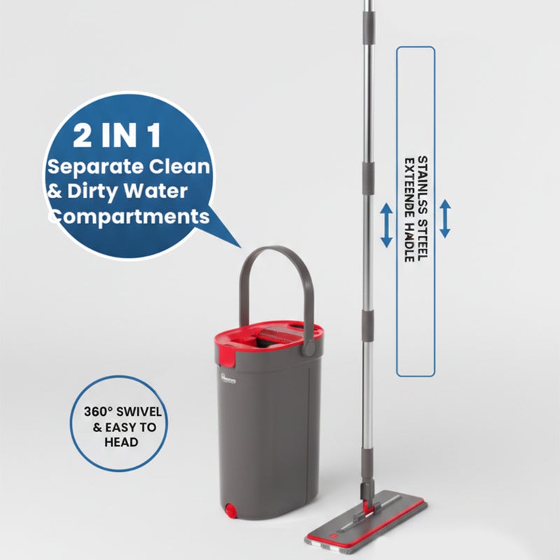 HOMEPRO AquaPuro Flat Mop System with Bucket & 2 Refill Pads, Lightweight Design, 135cm Handle, Microfiber Flat Mop for Efficient Floor Cleaning (Grey/Red) - Image 4